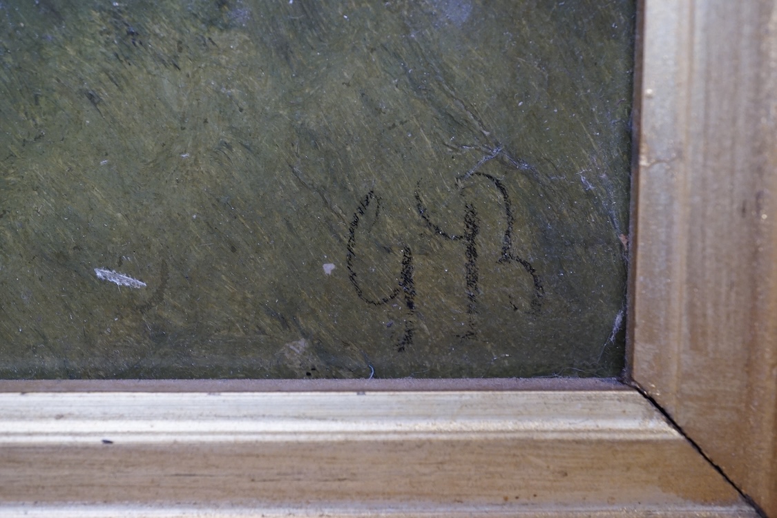Impressionist oil on board, Study of a cow, initialled G B, 29 x 39cm, ornate gilt frame. Condition - good